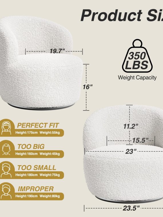 KINWELL 34" W Mid Century Modern Swivel Barrel Chair, Round Upholstered Boucle Swivel Accent Chairs, No Assembly Sofa Chair for Living Room Bedroom Reading Apartment Lounge Nursery