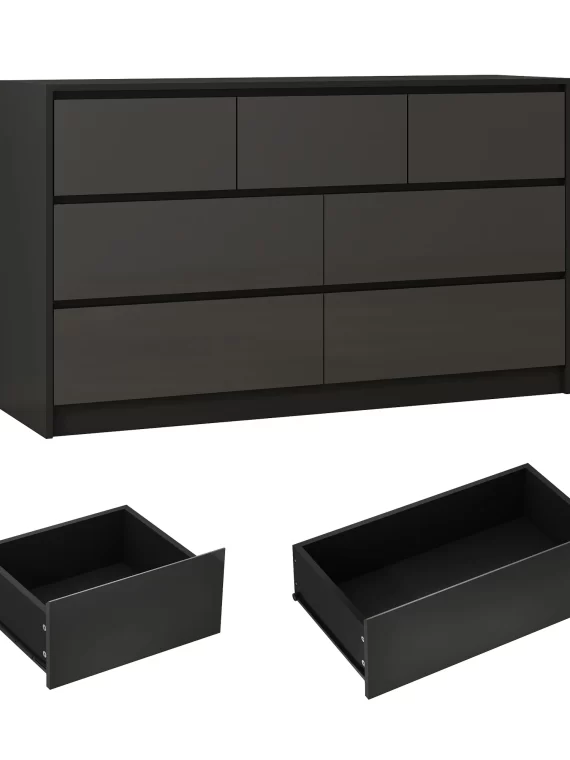 7 Drawer Dresser for Bedroom, 55 Inch Modern Dresser with High Gloss Drawers, Large Wood Chest of Drawer, White/Black