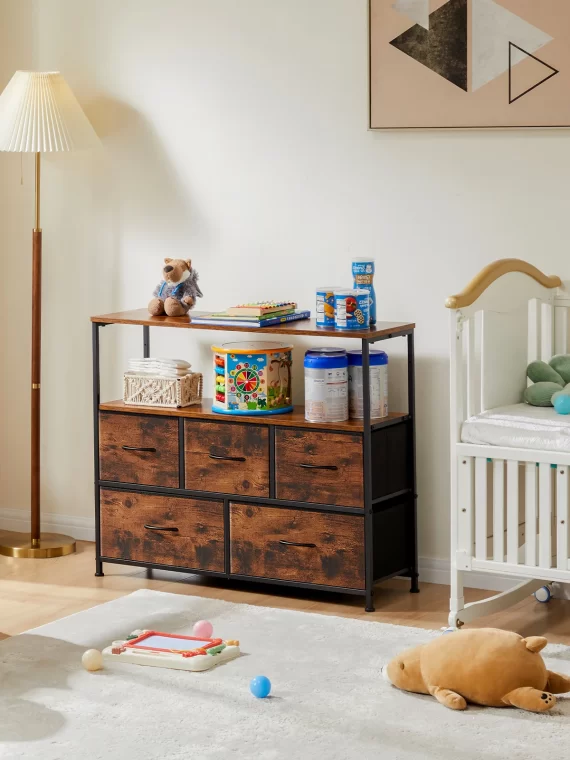 JHK Fireplace TV Stand Dresser For Bedroom With 5 Fabric Drawers Storage Closet Chest Clothes Storage Display Cabinet Furniture