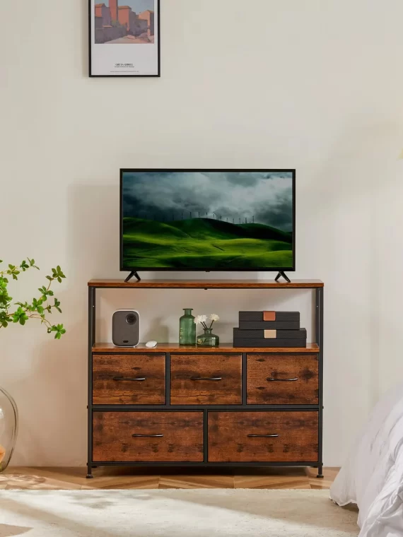 JHK Fireplace TV Stand Dresser For Bedroom With 5 Fabric Drawers Storage Closet Chest Clothes Storage Display Cabinet Furniture