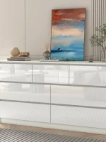 7 Drawer Dresser for Bedroom, 55 Inch Modern Dresser with High Gloss Drawers, Large Wood Chest of Drawer, White/Black