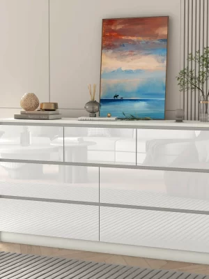 7 Drawer Dresser for Bedroom, 55 Inch Modern Dresser with High Gloss Drawers, Large Wood Chest of Drawer, White/Black