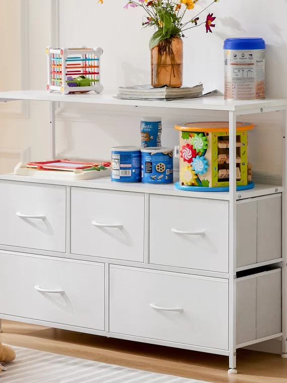 JHK Fireplace TV Stand Dresser For Bedroom With 5 Fabric Drawers Storage Closet Chest Clothes Storage Display Cabinet Furniture