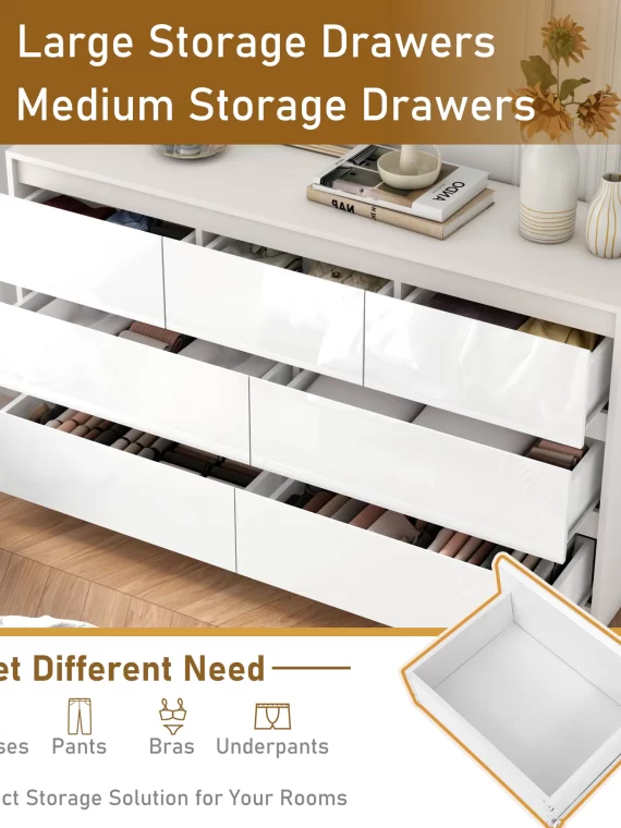 7 Drawer Dresser for Bedroom, 55 Inch Modern Dresser with High Gloss Drawers, Large Wood Chest of Drawer, White/Black