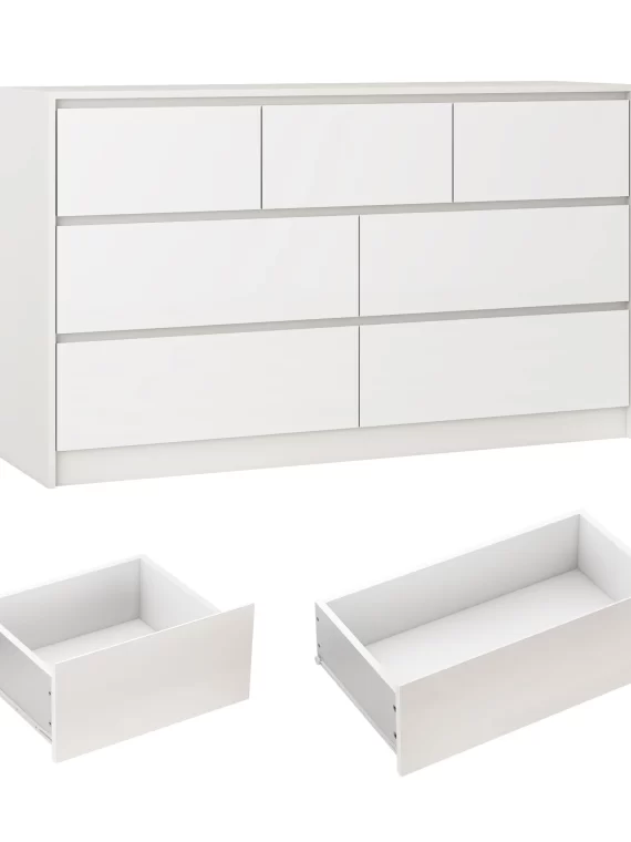 7 Drawer Dresser for Bedroom, 55 Inch Modern Dresser with High Gloss Drawers, Large Wood Chest of Drawer, White/Black