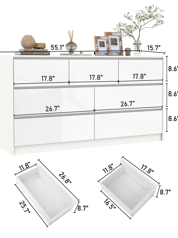 7 Drawer Dresser for Bedroom, 55 Inch Modern Dresser with High Gloss Drawers, Large Wood Chest of Drawer, White/Black