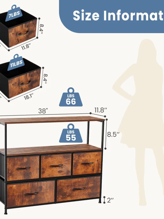 JHK Fireplace TV Stand Dresser For Bedroom With 5 Fabric Drawers Storage Closet Chest Clothes Storage Display Cabinet Furniture