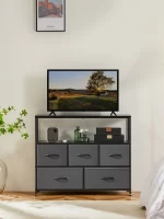 JHK Fireplace TV Stand Dresser For Bedroom With 5 Fabric Drawers Storage Closet Chest Clothes Storage Display Cabinet Furniture