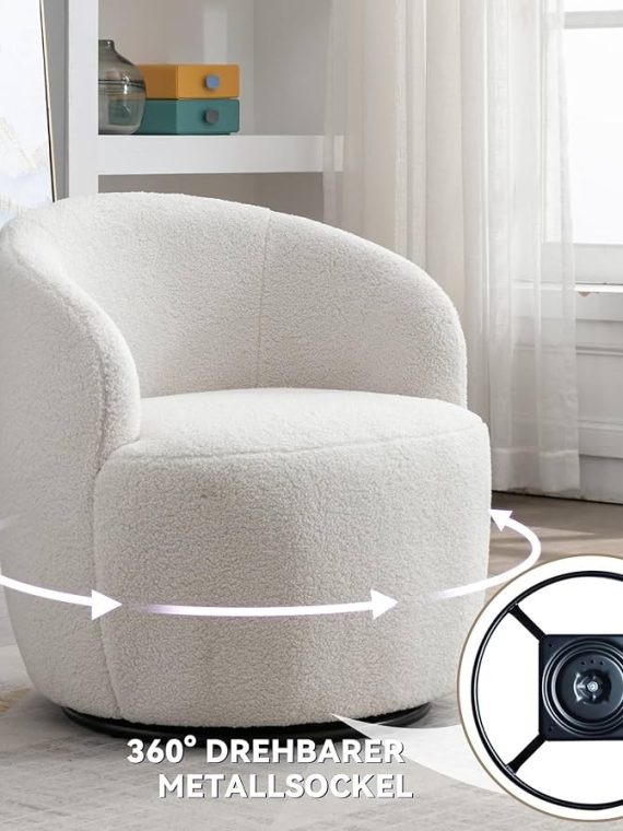 KINWELL 34" W Mid Century Modern Swivel Barrel Chair, Round Upholstered Boucle Swivel Accent Chairs, No Assembly Sofa Chair for Living Room Bedroom Reading Apartment Lounge Nursery
